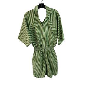 New Touch Vintage Womens Romper Size Large Green Striped Pockets Los Angeles